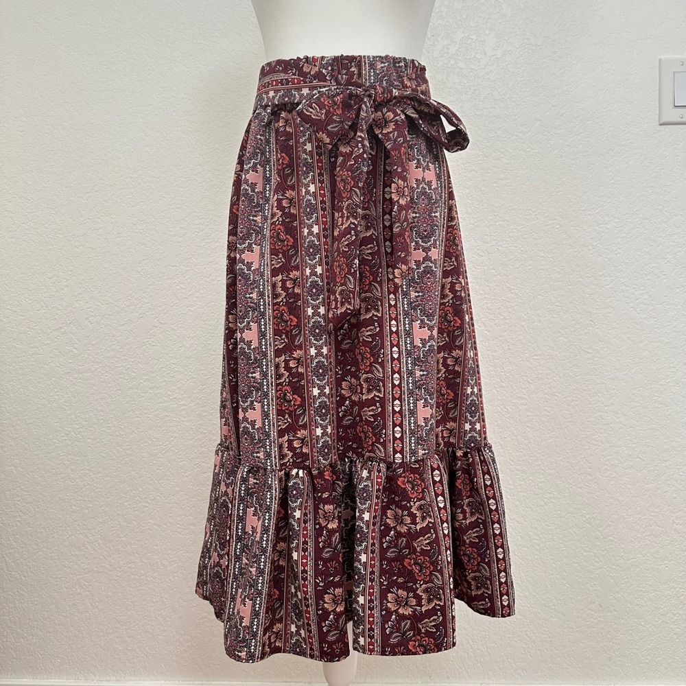 Wrapper Midi Skirt Womens Medium Burgundy Floral Paisley Tiered Boho Belted